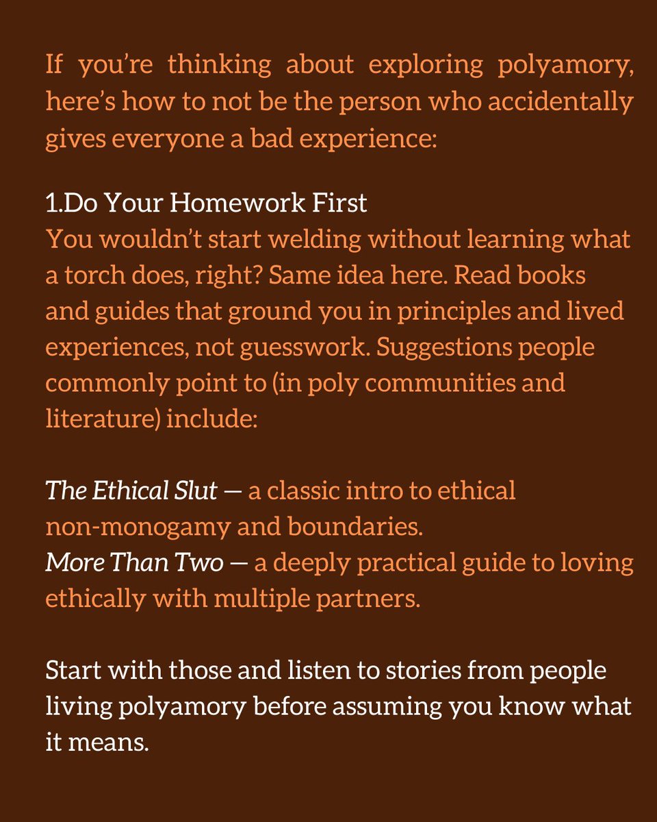 3fun_app's tweet image. The quotation marks around “trying” exist for a reason: many people think they can just wing it and call it polyamory. Nope. Doing that isn’t “trying”—it’s likely hurting someone and giving poly a bad rep.

#3Fun #polyamory #enm #nonmonogamy