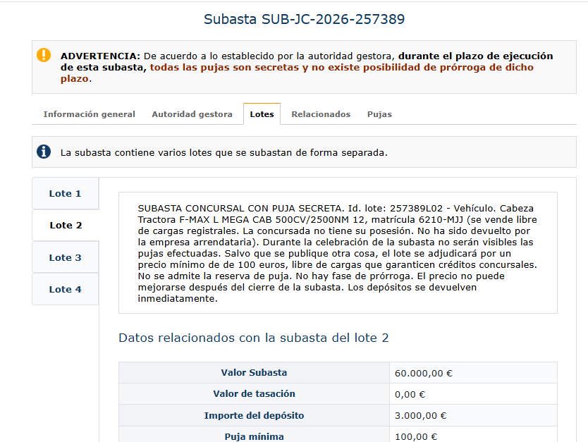 subastas_murcia's tweet photo. ✅#subasta #concursal id. 257389
😎Con #pujasecreta
🚛4 LOTES. Cabezas tractoras
➡️Valores: Entre 55.000 € y 60.000 €
➡️Se venden por 100 €
📹 Vídeo de su estado: https://t.co/vmNbGj72k5
🫤 No están en poder de la concursada
📅 Fina el 25 de marzo
👉https://t.co/ceH7R74Qsu https://t.co/XfvaAgYKHp