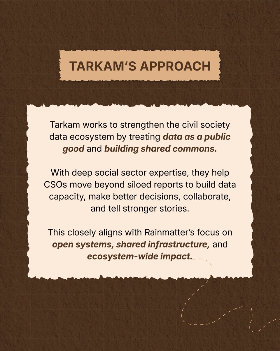 RainmatterOrg's tweet photo. #NewPartner
Across civil society, valuable data often stays locked within organisations. Tarkam is working to change that—building shared data infrastructure and strengthening data capacity to enable open systems and bring grassroots insights into public and policy conversations. https://t.co/6McXnZG3ur