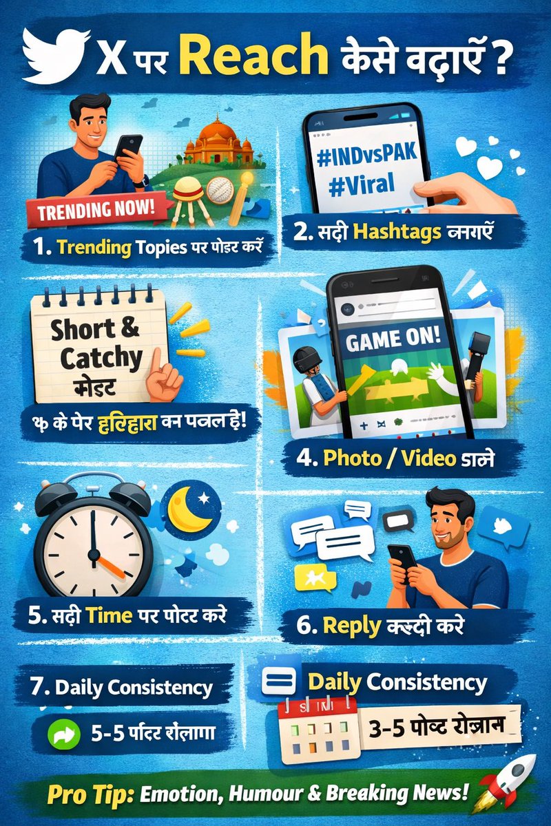 Swaroop53845146's tweet photo. अगर आप Twitter X पर अपनी reach बढ़ाना चाहते हैं, तो इन निम्न तरीको का अनुसरण कीजिए 

1️⃣ Trending Topics पर पोस्ट करें

2️⃣ Hashtags सही इस्तेमाल करें

2-3 relevant hashtags लगाएँ।

3️⃣ Short और Catchy पोस्ट लिखें क्योंकि लंबा पैराग्राफ कम लोग पढ़ते हैं।
उदाहरण:
👉 “ये मैच इतिहास बन सकता है!”

4️⃣ Photo / Video लगाएँ

Image या meme वाले पोस्ट ज्यादा वायरल होते हैं।

5️⃣ Active समय पर पोस्ट करें

सबसे अच्छा समय:
•सुबह 7–9 बजे
•दोपहर 12–2 बजे
•रात 8–11 बजे

6️⃣ Reply स्ट्रेटेजी 

बड़े accounts या viral पोस्ट के नीचे जल्दी reply करें।
अगर reply अच्छा है तो हजारों लोगों तक पहुँच सकता है।

7️⃣ Daily Consistency

हर दिन 3-5 पोस्ट करें।

✅ Pro Tip:
अगर पोस्ट में emotion, humour या breaking news हो तो reach बहुत जल्दी बढ़ती है।

ऐसे ही अपडेट के लिए जुड़े रहे 
धन्यवाद 🙏