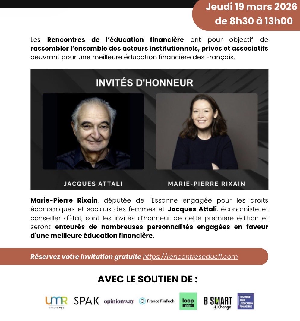 spak_eco's tweet photo. Semaine de l’éducation financière 2026 : SPAK présente les Rencontres de l’éducation financière avec @jattali et @RixainMP pour invités d’honneur. Inscription gratuite (places limitées) et programme complet : https://t.co/yDaUB9KTtr #gmw2026 #globalmoneyweek https://t.co/rOkNEong1A