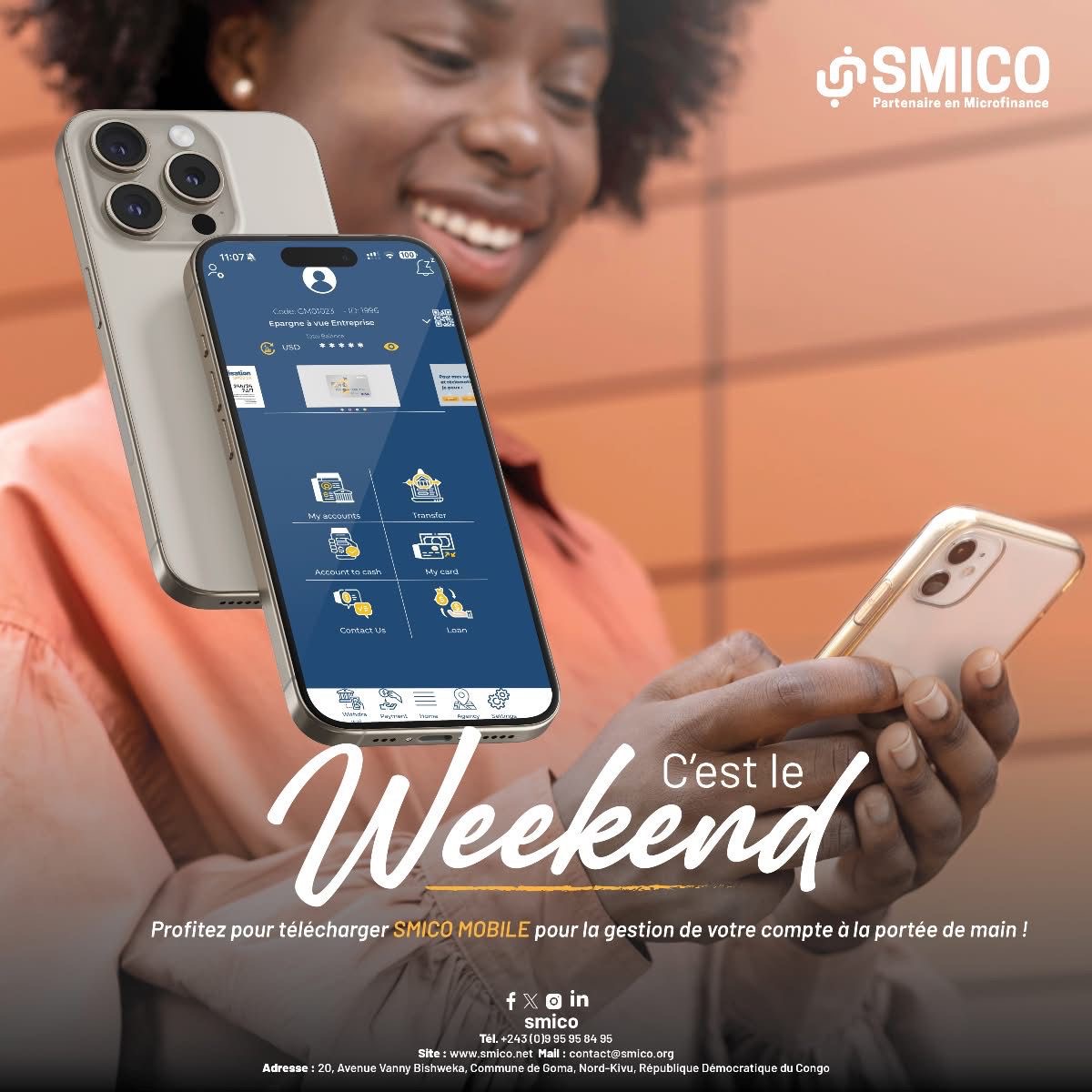 SmicoSA1's tweet photo. C’est le week-end !
Profitez-en pour télécharger SMICO MOBILE et gérer votre compte facilement, où que vous soyez.
#SMICO #SMICOMobile #FinanceDigitale https://t.co/b1zzvzsdcK