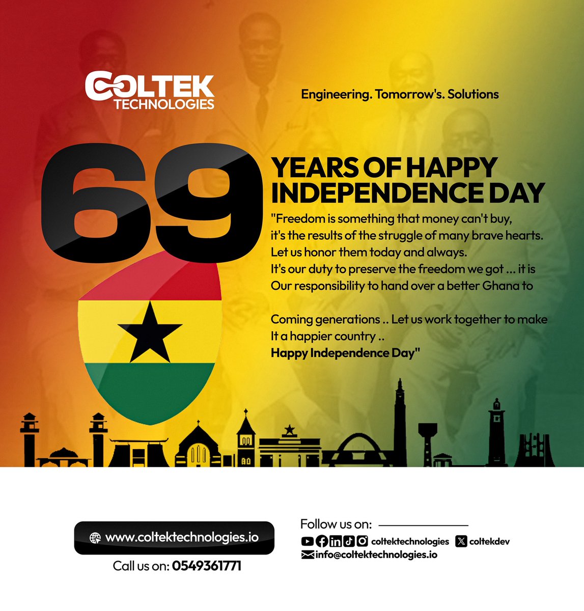 coltekdev's tweet photo. Happy Independence Day, Ghana! 🇬🇭
Celebrating 69 years of freedom, resilience, and progress.

At Coltek Technologies, we remain committed to empowering people through technology, innovation, and digital skills.

Together, let’s build a brighter future for Ghana.
 #IndependenceDay https://t.co/RhPcLVEOPb