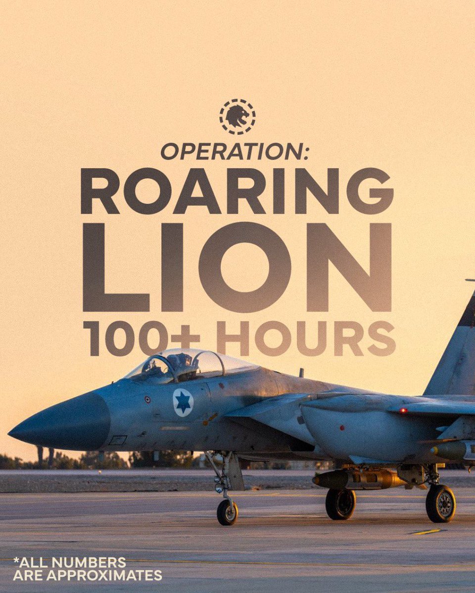 MOSSADil's tweet photo. 🚨 OPERATION: ROARING LION — 100+ HOURS

• 750+ targets struck in Tehran
• 300 missile launchers dismantled
• 600 terror infrastructure sites destroyed
• 40 senior terrorists eliminated
• 7,000+ flight hours flown
• 110,000+ reservists mobilized

Stay connected, follow @MOSSADil.