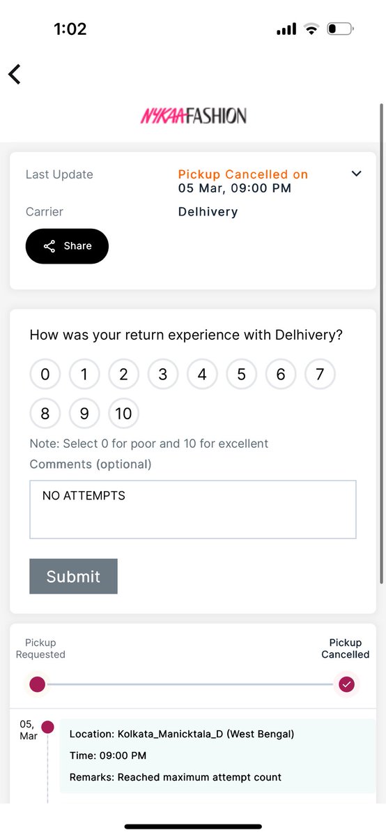 samarkhanxo's tweet photo. @nykaafashion NOW THEY HAVE CANCELLED THE PICKUP SAYING MAXIMUM ATTEMPTS MADE BUT THE FACT THAT THERE WERE NO ATTEMPTS MADE!! WTH IS GOING ON?? I NEED MY REFUND! https://t.co/ZrhOn7yxy7