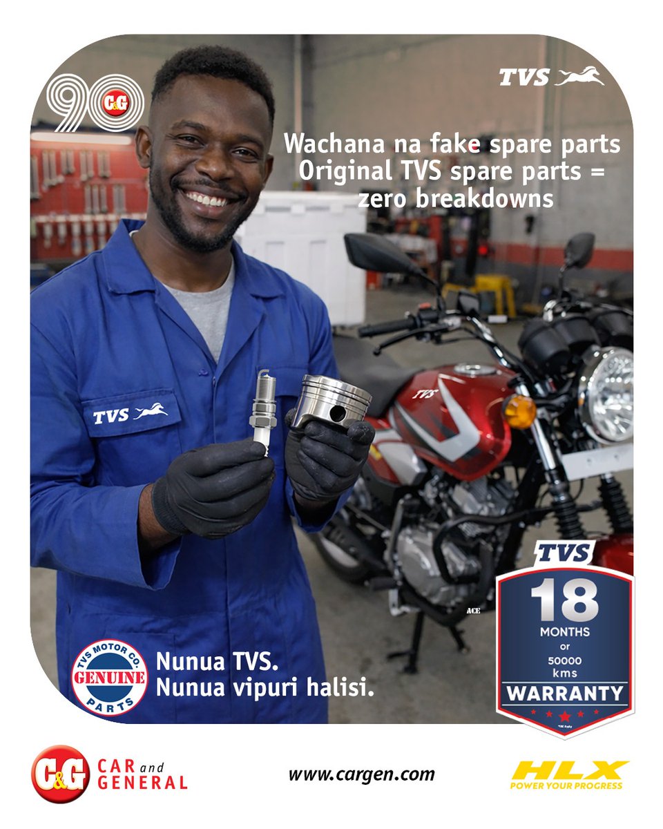 CarandGeneral's tweet image. Fake parts = costly breakdowns. 🛑 
Original TVS parts = reliability &amp;amp; steady income. 💸
Don't let imitations stall your progress. Invest in genuine TVS spares to keep your business moving! 🏍️
📍Visit your nearest TVS dealer today.

#makingcustomersmile #TVSKenya #GenuineParts