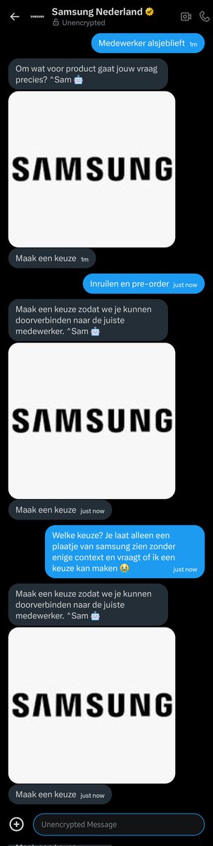 YoupTuber's tweet photo. @SamsungNL dit kan toch niet meer!
Al een week lang kom ik via whatsapp niet meer bij een medewerker terecht, via X zit bot Sam in een loop en via jullie website blokkeert de promotie de opties die ik moet selecteren??? https://t.co/drJ613a6je