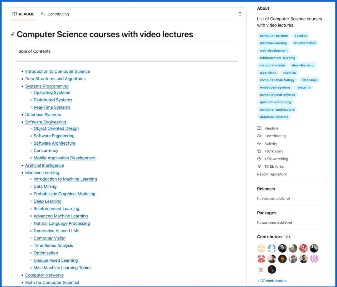 Amank1412's tweet photo. Someone compiled every CS course from MIT, Stanford, Harvard, and other top universities into one GitHub repo

100% free

It already has 76,000+ stars.

Inside are hundreds of full university lectures on topics like:

> Algorithms & Data Structures
> Operating Systems
> Databases
> Machine Learning
> Deep Learning, NLP, Computer Vision, RL
> Distributed Systems, Networks, > Security, Quantum Computing

And all lectures are completely free!

Every link goes directly to lecture videos: MIT OCW, YouTube playlists, university archives.

Link to the repo: https://t.co/v7CbV3hGeg