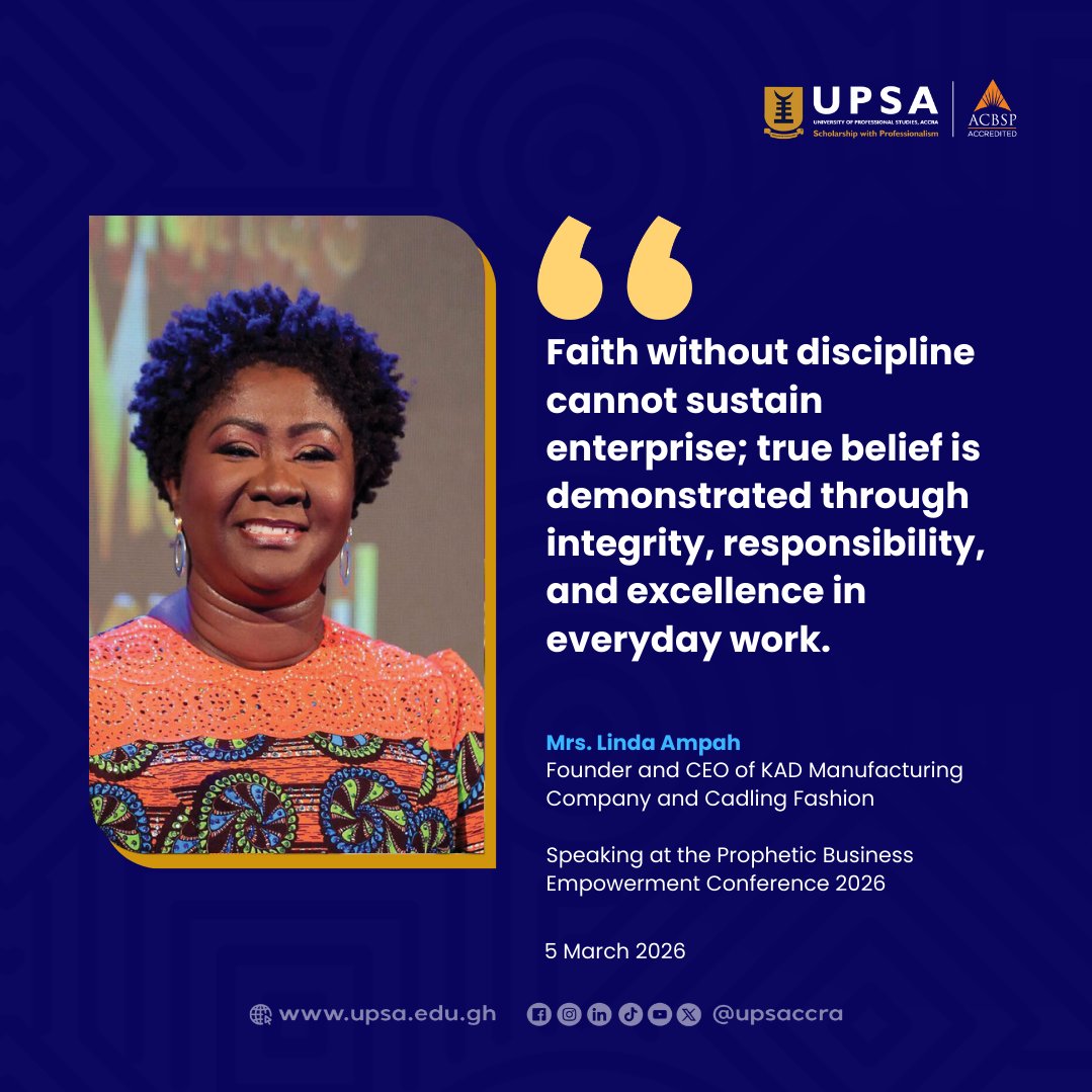 upsaccra's tweet image. Huge respect to Mrs. Linda Ampah of KAD Manufacturing and Cadling Fashion for this reality check at #PBEC2026. True belief shows in daily grind; integrity, responsibility, excellence.
 #RealTalk #BusinessWisdom #FaithAndDiscipline #WorkEthic #KingdomBusiness