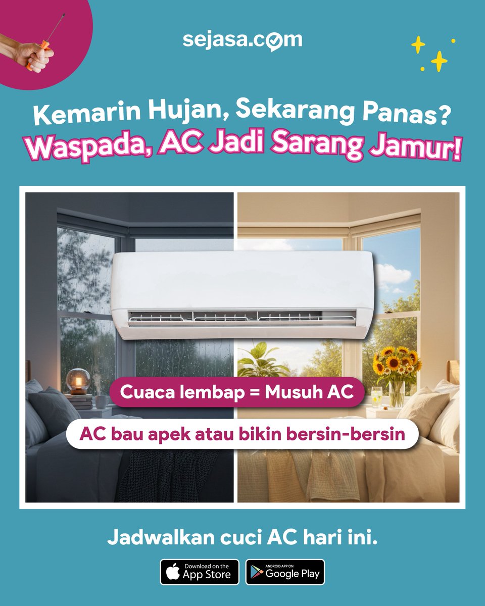 sejasadotcom's tweet image. Kondisi lembap begini bikin AC rawan jadi sarang jamur lho!

Kalau AC mulai bau apek atau bikin hidung gatal, itu tandanya sudah minta "mandi"😅

Jangan dipaksa kerja keras terus, kasihan AC-nya (paru-paru kamu juga)😷

#Sejasa #TipsRumah