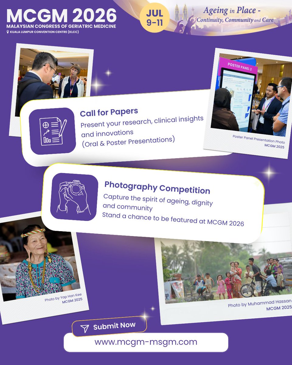 msgm_geriatric's tweet photo. 📢 Call for Abstracts – #MCGM2026

Present your research or clinical innovations at Malaysia’s leading geriatric medicine congress.

🗓 9–11 July 2026 | 📍 KLCC
Submit now:
🔗 https://t.co/WW7iyH8A3X

📸 Photography Competition open
🔗 https://t.co/8kv3WxmorZ

#GeriatricMedicine https://t.co/x1QR66Eg4F