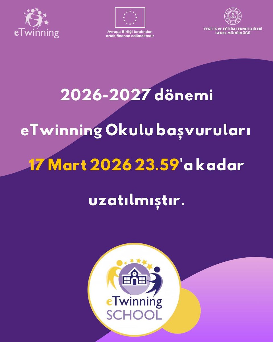 eTwinning_ist's tweet photo. 2026-2027 Dönemi eTwinning Okulu Başvuruları 17 Mart 2026 saat 23.59'a Kadar Uzatılmıştır.
@istanbulilmem @MucahitYentur @tretwinning https://t.co/MHrrbqNXtP