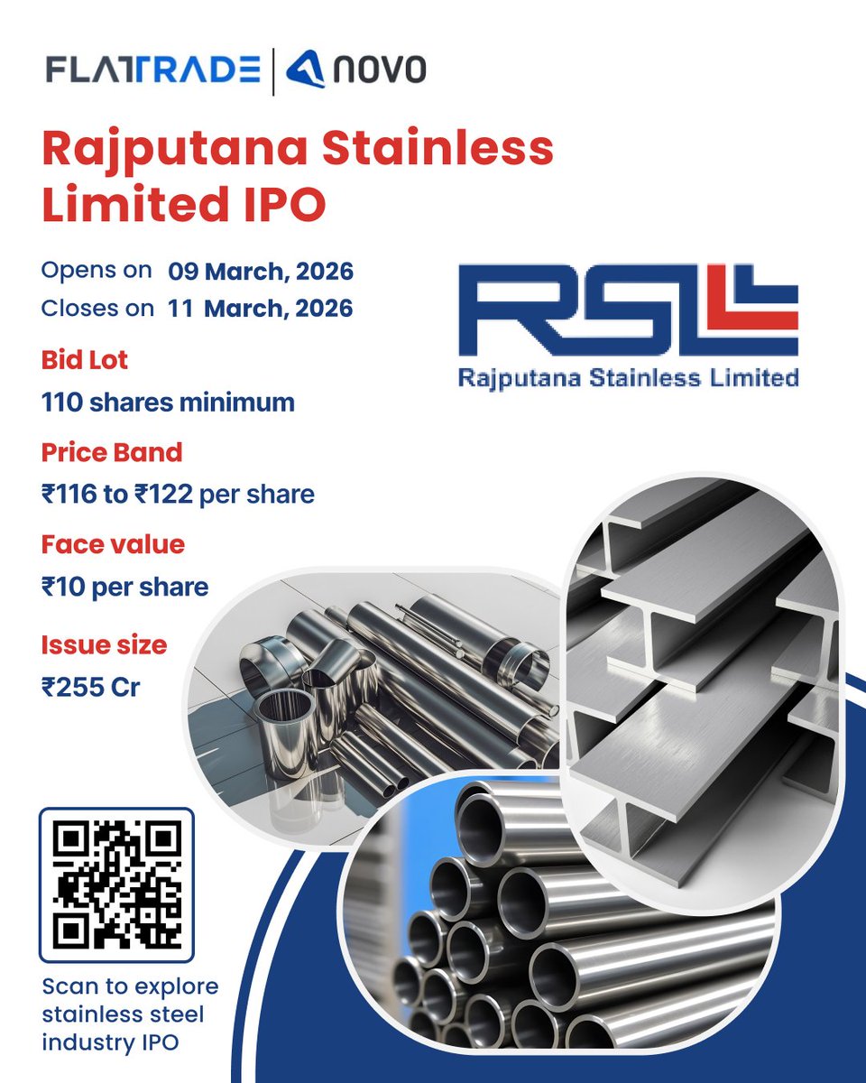 Flattradein's tweet image. Rajputana Stainless IPO opens 🏭
Engaged in the manufacturing and processing of stainless steel products used across industrial and infrastructure applications.

Apply for IPO: novo.flattrade.in/pre/ipo 

Know more: flattrade.in/kosh/rajputana… 

#RajputanaStainlessIPO #stainlesssteel