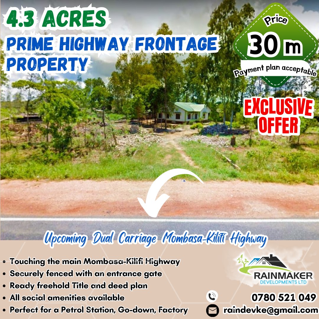 KeRainmaker's tweet photo. Strategic 📏 4.3 Acres Along Mombasa-Kilifi Highway (Mavueni)
Highly Visible Roadside Land 
Ideal land for commercial projects, institutions, or mixed-use developments.

💰KES 30M
📞0780521049 https://t.co/jzY7j4c9kl