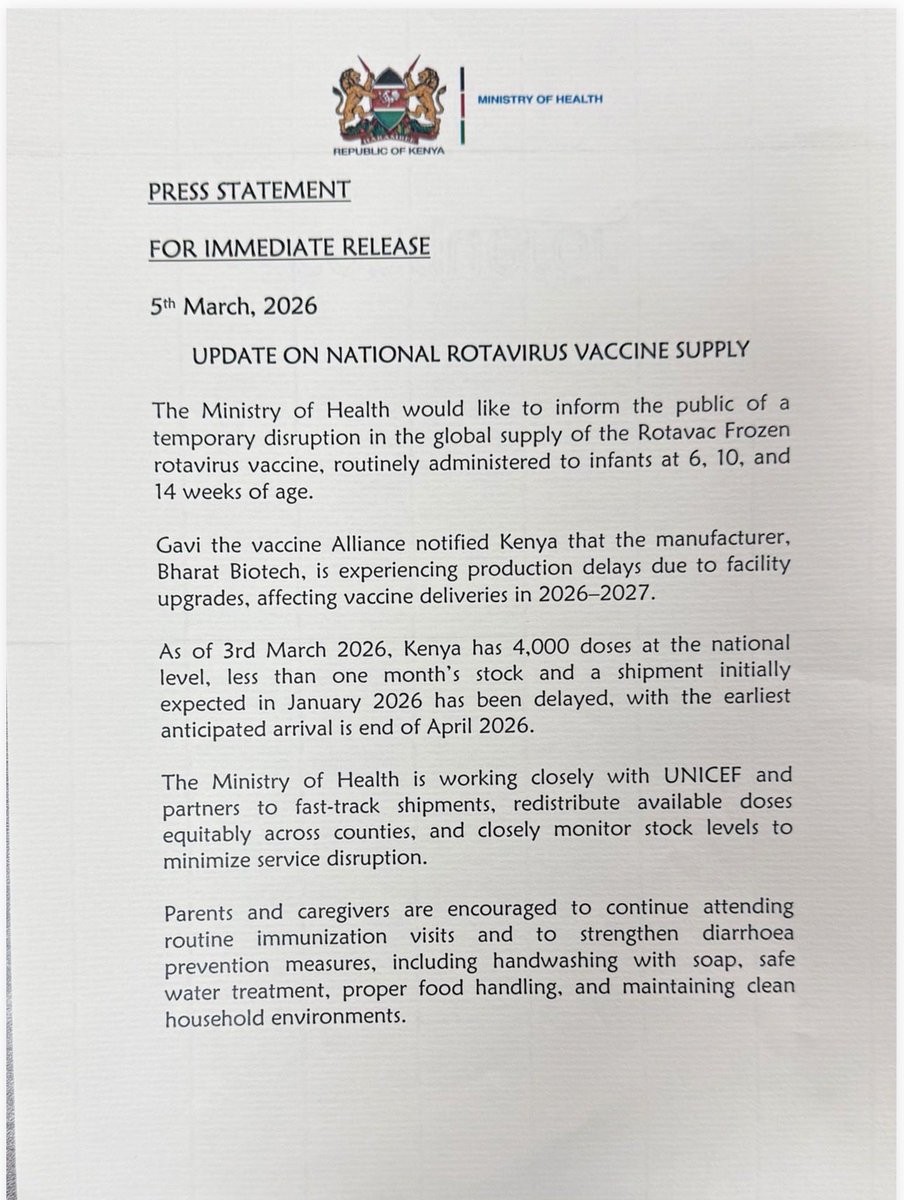 MOH_Kenya's tweet photo. UPDATE ON NATIONAL ROTAVIRUS VACCINE SUPPLY https://t.co/nkcqTxuZkK
