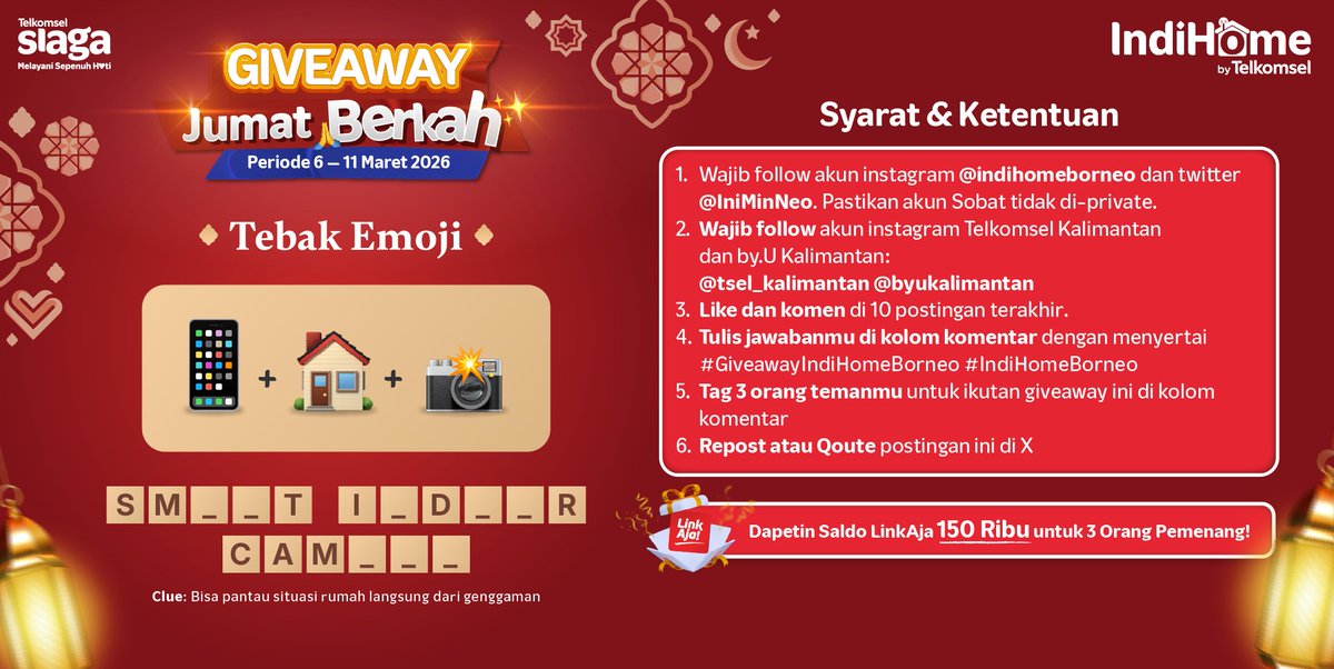 IniMinNeo's tweet photo. GIVEAWAY JUMAT BERKAH 🤲✨
Tebak gabungan emoji ini: 📱 + 🏠 + 📸
Kalau digabung jadi kata apa? 👀
Menangkan saldo LinkAja total 150rb untuk 3 pemenang! 🎁
Cek syaratnya di bawah 👇
#Giveaway #LinkAja #IndiHome4u #Tsel4u #FUNBORNEO https://t.co/f4tgnQFciD