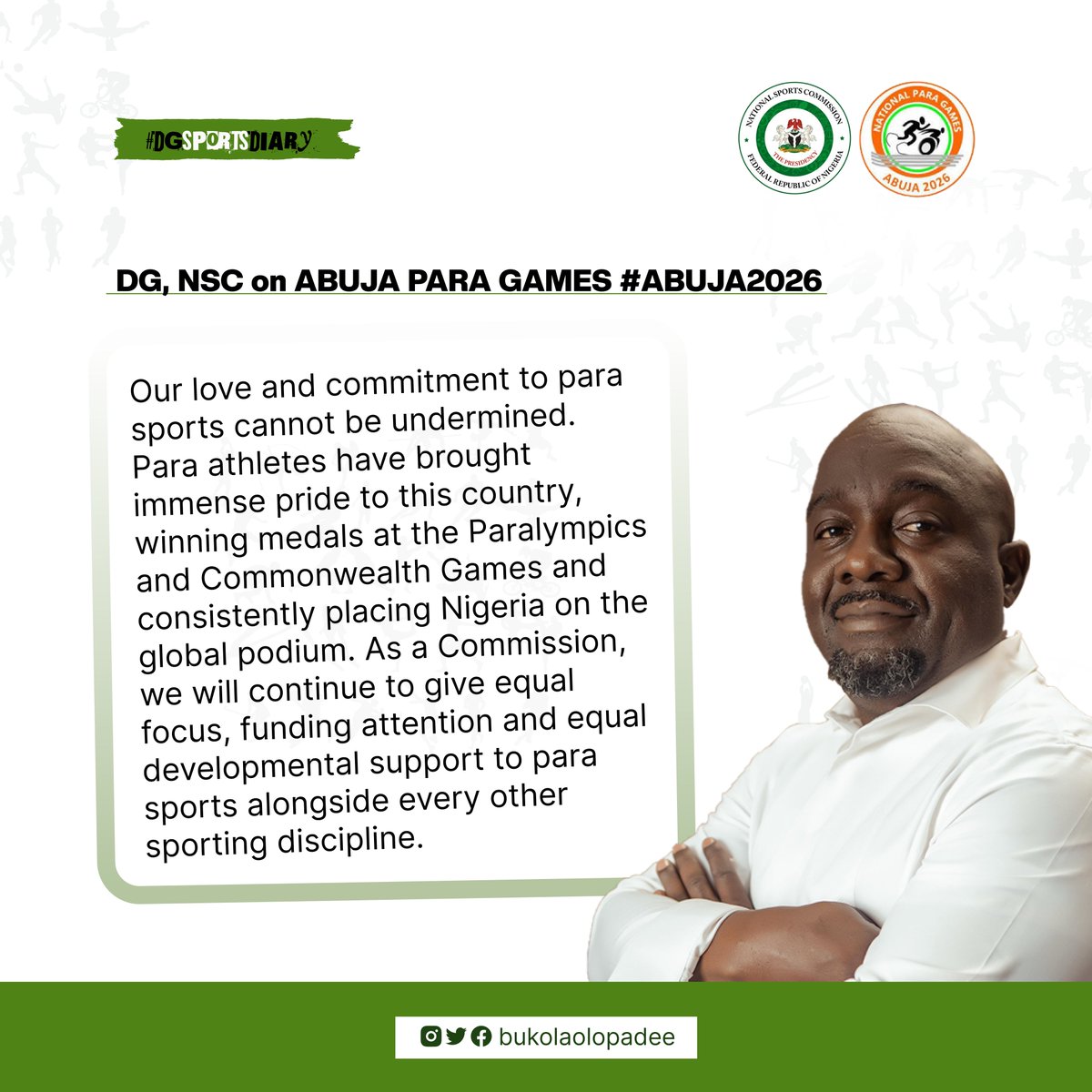 BukolaOlopadee's tweet photo. Our love and commitment to para sports cannot be undermined. Para athletes have brought immense pride to this country, winning medals at the Paralympics and Commonwealth Games and consistently placing Nigeria on the global podium. 

As a Commission, we will continue to give equal focus, funding attention and equal developmental support to para sports alongside every other sporting discipline.

#Abuja2026ParaGames 
#ParaSportsNigeria