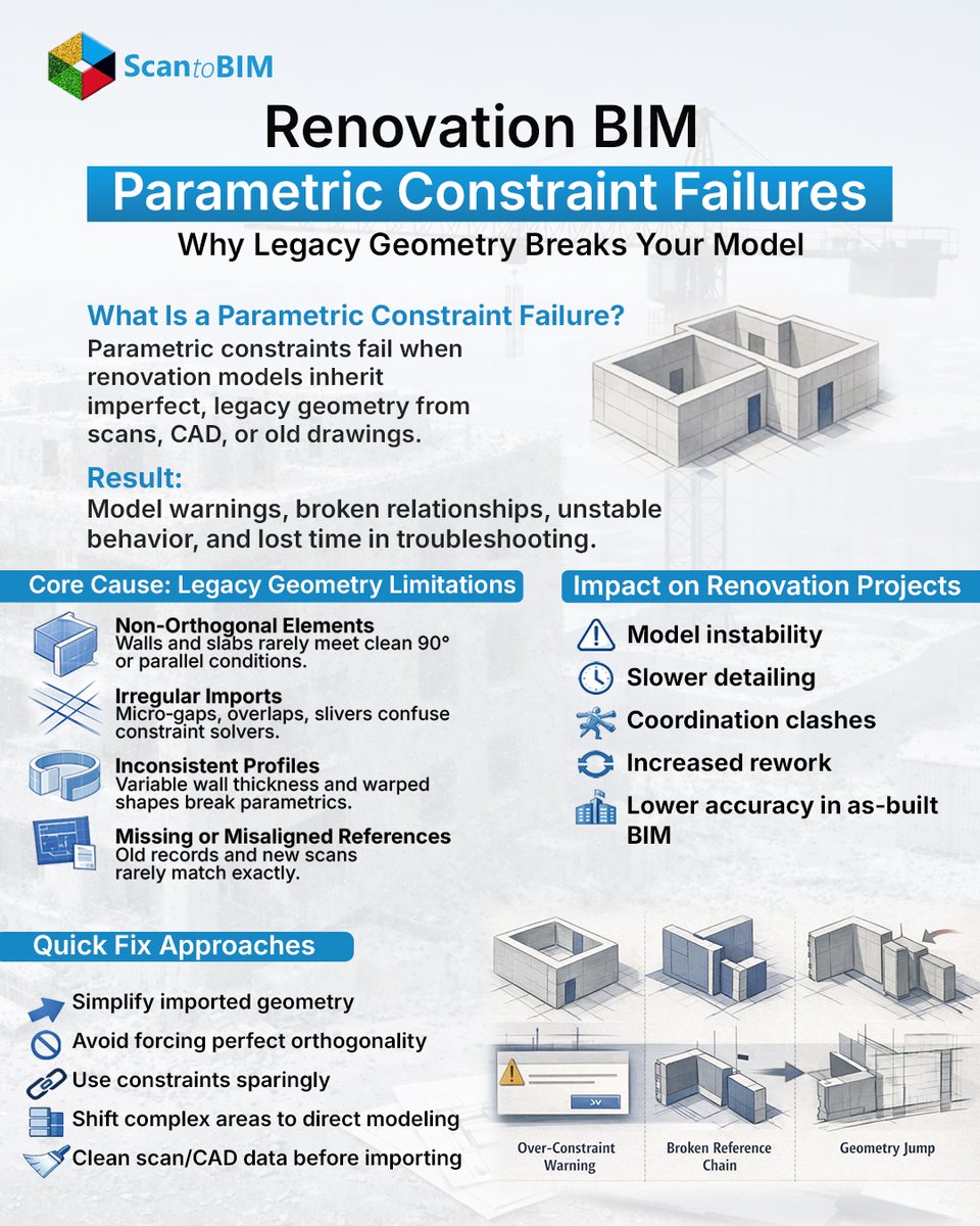 scantobimonline's tweet photo. Renovation BIM instability usually starts with legacy geometry.
Parametric rules clash with real-world conditions.
Result?
More warnings. More rework. Slower coordination.
Model smarter, don’t force perfection on imperfect buildings.
#BIM #Renovation #AEC #AsBuilt https://t.co/WH2MiymGCO