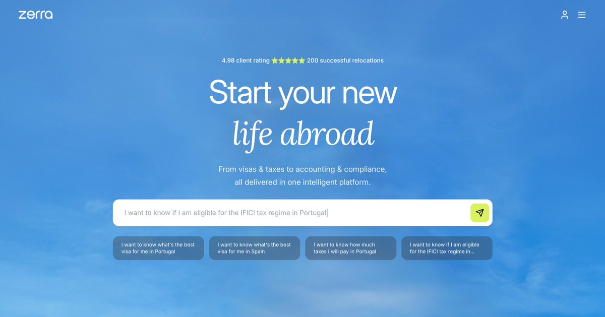 zerrahq's tweet photo. We just launched Zerra’s new version.

Moving to Spain or Portugal is still messy: fragmented info, conflicting advice, manual process…

So we built a platform to solve that. You can expect:

1. **Experience:** AI that understands your personal situation and gives you a tailored starting point.
2. **Expertise:** The best immigration lawyers in Spain and Portugal validating the frameworks behind the scenes.
3. **Intelligence:** Proprietary data structured into a system that adapts as regulations change.

If moving abroad has been on your mind, we built this for you. 🔥

Try it out 👉 https://t.co/T2u0j4YZbu