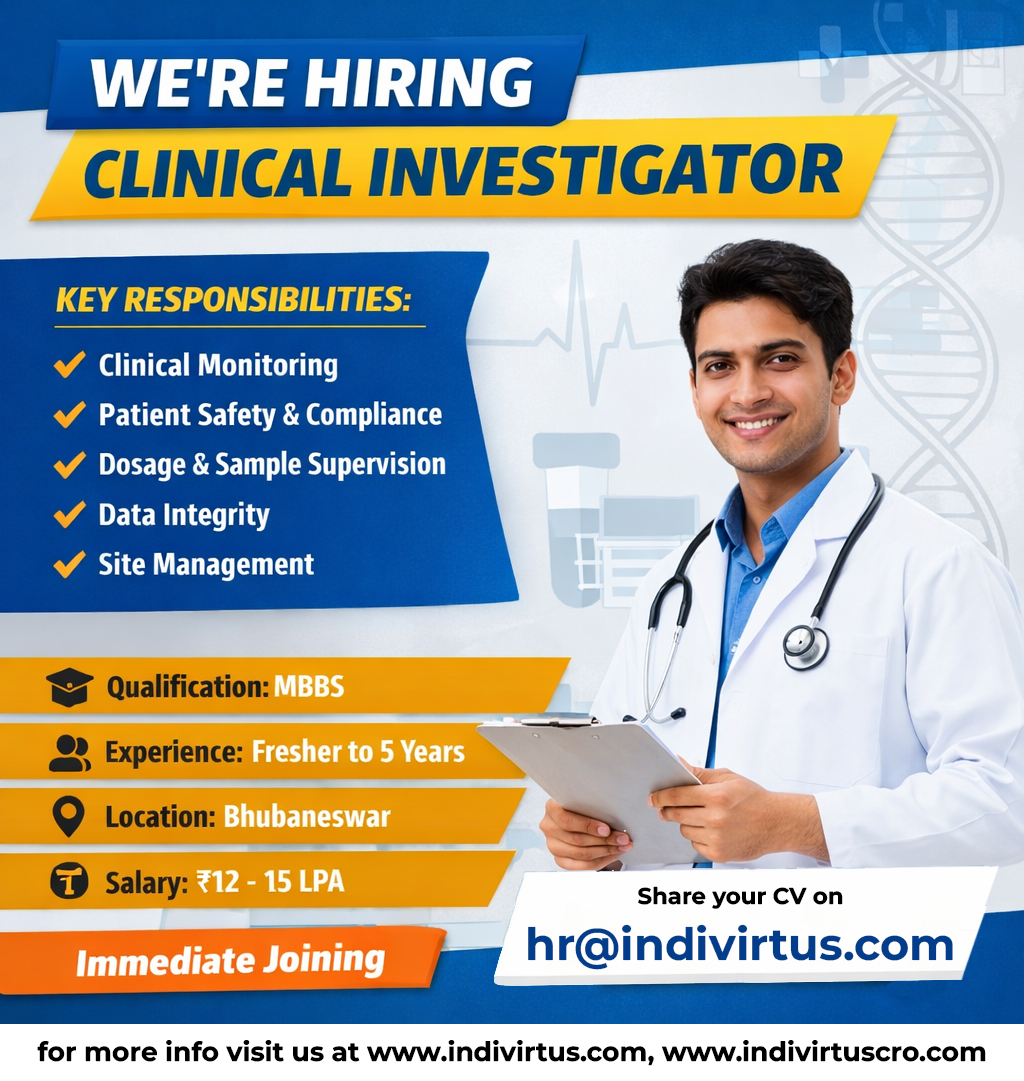 indivirtus's tweet photo. 🚨 Hiring: Clinical Investigator

📍 Bhubaneswar
🎓 MBBS
💼 Fresher – 5 Years
💰 ₹12–15 LPA
⚡ Immediate Joining
Join our Clinical Trials team &amp; work on patient safety, monitoring, &amp; clinical research.
#Hiring #ClinicalResearch #ClinicalTrials #MBBS #MedicalJobs #Bhubaneswarjobs https://t.co/38At0eBViW