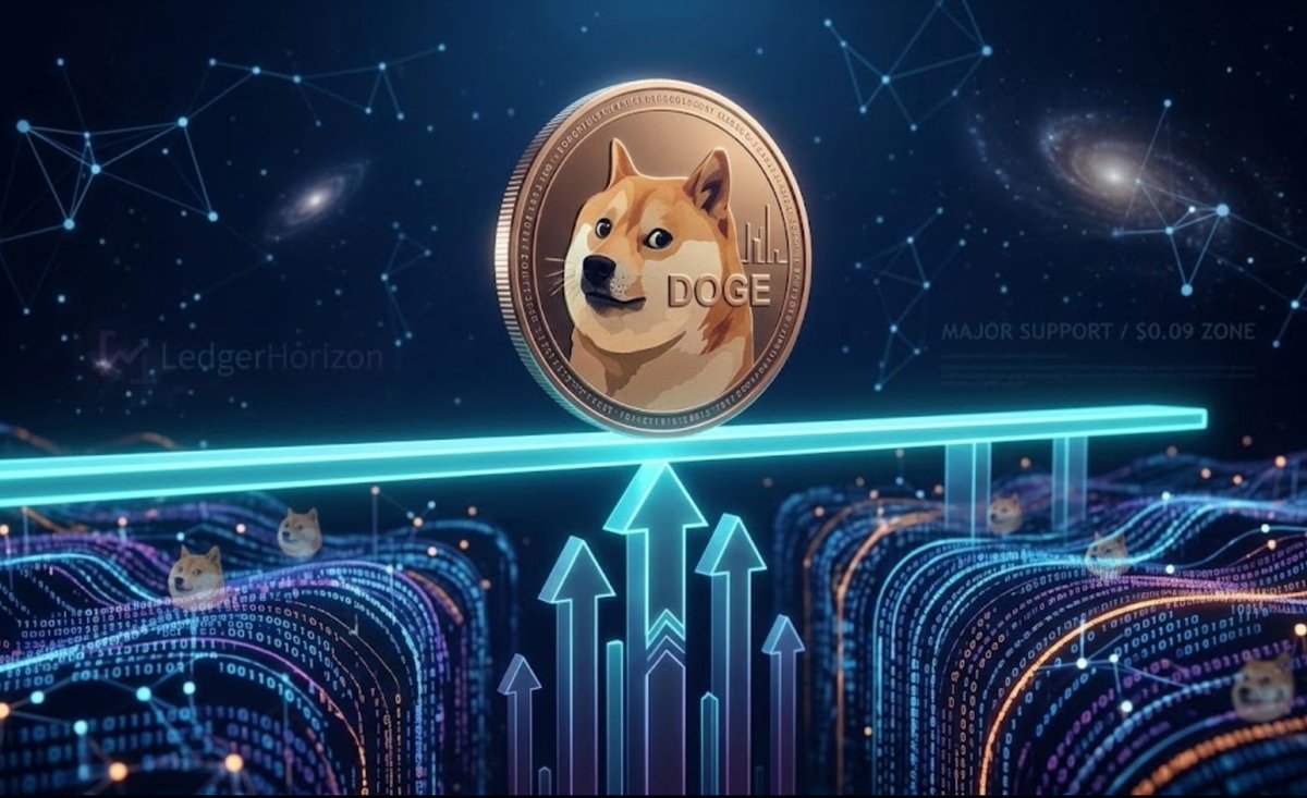 LedgerHorizon's tweet photo. DOGE is revisiting the ~$0.09 area flagged as a key support “floor.” The story isn’t a target—it’s whether buyers defend the level or liquidity slips below it. 
LedgerHorizon: https://t.co/gAW9GakQSE #DOGE #CryptoNews https://t.co/mEe9qiHDfI