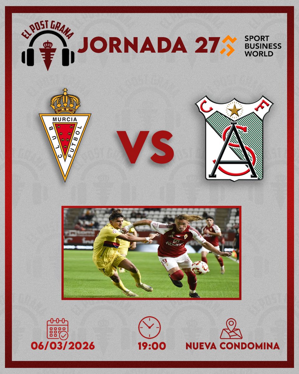 ⚒️ MATCHDAY ⚒️

📚 Jornada 27.
🆚 <a href="/atcosanluqueno/">Atlético Sanluqueño</a>.
🏟 Nueva Condomina.
 🕑 19:00.

🎙 <a href="/ORMdeportes/">ORM Deportes</a> / <a href="/LaProrrogaRM/">La Prórroga RM</a>.
📺 <a href="/MovistarPlus/">Movistar Plus+</a> / <a href="/LaLigaPlus/">LALIGA+</a> / <a href="/FootballClub/">FootballClub</a>.

✍🏻 La previa de <a href="/avomirallesf/">Avo Miralles Fontes</a>.
elpostgrana.com/primero-sanluq…