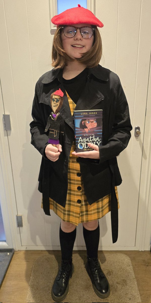 MandGill24's tweet photo. Belatedly (due to polling day) my daughter is off to school as Agatha Oddlow for WBD along with her wooden spoon, Agatha Spoonly #AgathaOddly @HarperCollins @harpercollinsuk @WorldBookDayUK #WorldBookDay2026 ❤️ 📚 https://t.co/q2WHanTouA