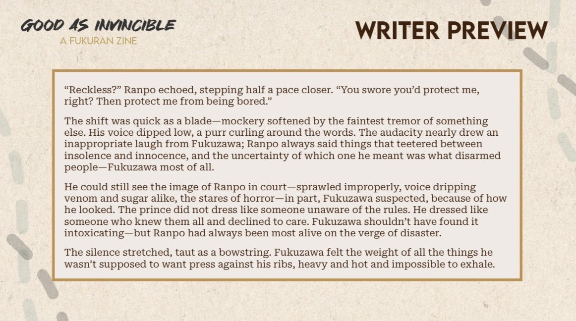 patheticzailuvr's tweet photo. Preview for @fukuranzine Good as Invincible! ⟢03/14

🎑Edo Royal AU:
14!Prince Ranpo, genius brat; 32!Fukuzawa, bodyguard sworn to protect. When Ranpo insults the wrong noble, Fukuzawa “disciplines” him… at least, that was the plan.

#福乱 #文スト #fukuran #bsd #fukuzawa #ranpo https://t.co/TMu2STMHlD