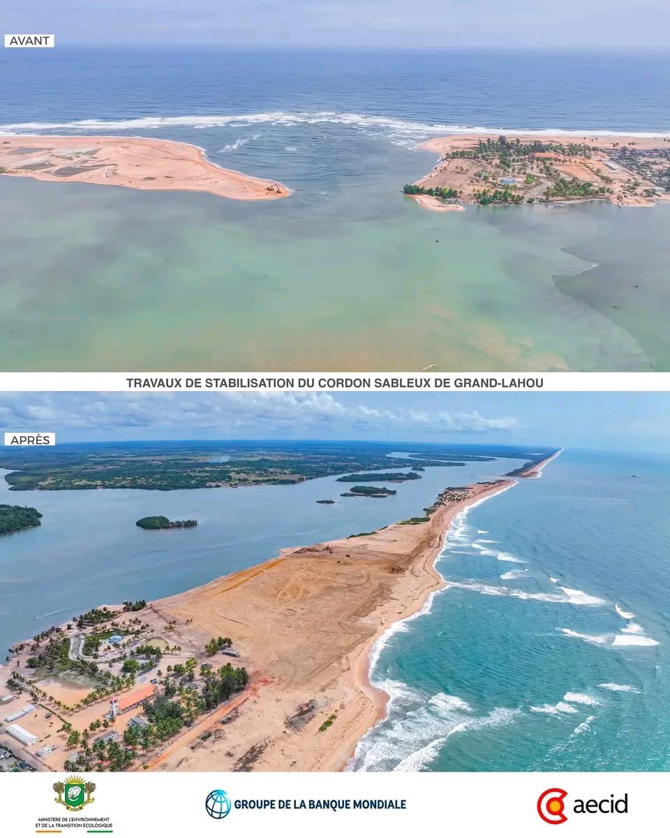 Prom_Ivoire's tweet photo. Le littoral ivoirien se transforme !

Un tournant majeur vient d'être franchi dans la protection du littoral de Côte d'Ivoire. Les travaux de stabilisation du cordon sableux de Grand-Lahou avancent à grands pas, et les résultats sont déjà visibles depuis les airs.

Le Ministre de l'Environnement et de la Transition Écologique, M. Abou Bamba, a effectué une visite sur le site et n'a pas caché sa satisfaction face à l'ampleur des transformations accomplies. Le repositionnement de l'embouchure à Lahou-Kpanda a permis de résoudre durablement le problème d'érosion qui menaçait cette zone depuis des années.

Au-delà du génie civil, c'est aussi la nature qu'on remet au cœur de la solution : la végétalisation du merlon sableux vient fixer le sable naturellement, freiner l'érosion marine et restaurer les équilibres écologiques. 

les images parlent d'elles-mêmes. 

Cette réussite ouvre de nouvelles perspectives pour le développement local et l'économie bleue en Côte d'Ivoire. 🇨🇮

Sur cette belle lancée, nous osons rappeler à nos autorités que nos lagunes et nos rivières méritent la même attention. Le remblayage illégal de nos lagunes et l'orpaillage clandestin qui jaunit nos eaux sont des combats qui attendent encore leurs héros. L'exploit d'aujourd'hui nous donne confiance : quand la volonté politique est là, les résultats suivent.

Un projet mené grâce au soutien du Groupe de la Banque Mondiale, du Gouvernement de Côte d'Ivoire, du Ministère de l'Environnement, et de l'AECID, dans le cadre du programme WACA.

📝: Le touriste ivoirien