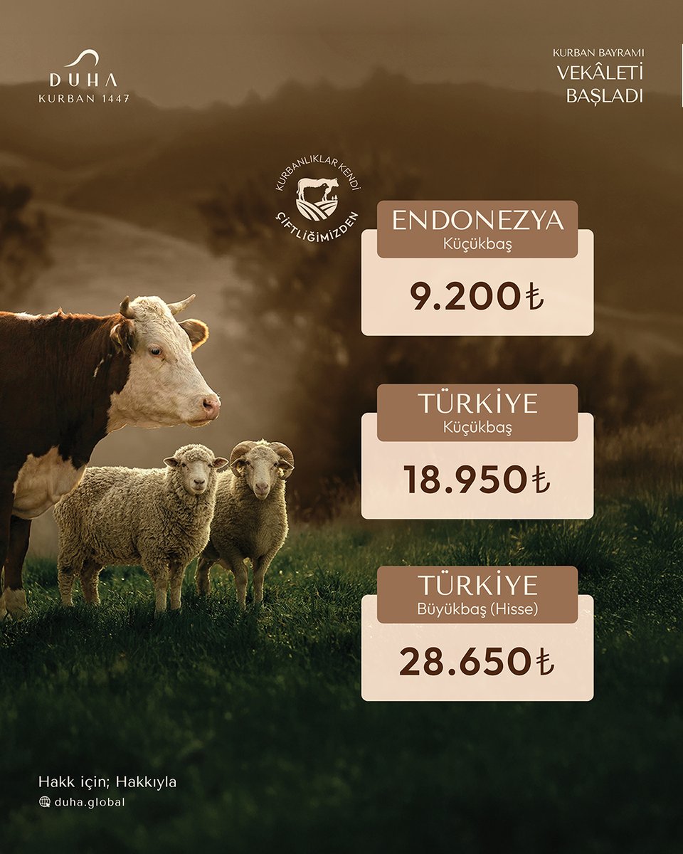 DuhaKurban's tweet photo. Ramazan Ayı’na özel vekâlet fiyatları:

•⁠ ⁠Endonezya küçükbaş: 9.200₺
•⁠ ⁠Türkiye küçükbaş: 18.950₺
•⁠ ⁠Türkiye büyükbaş (hisse): 28.650₺

📍 Vekâlet vermek ve detaylı bilgi için
🌐 https://t.co/BJN6pz4Rvj
DUHA
Hakk için; Hakkıyla.

#DUHA #DUHAKurban https://t.co/qrRj7vaZsj
