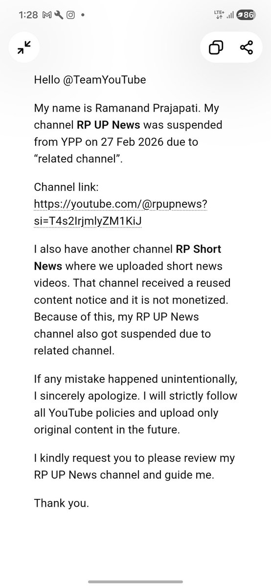 rpexpress09's tweet photo. Hello @TeamYouTube

My name is Ramanand Prajapati. My channel RP UP News was suspended from YPP on 27 Feb 2026 due to “related channel”.

Channel link: https://t.co/am4rNsn5fx https://t.co/sMeRMPQgT0