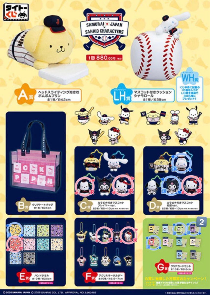 __mzk02's tweet photo. サンリオ 侍ジャパン タイトーくじ 交換

譲→D賞 シナモロール クロミ
　　E賞 ポムポムプリン
　　G賞 クロミ×2 キティ ポチャッコ

求→C賞 キティ>ポチャッコ
　　D賞 キティ E賞 キティ
　　F賞  キティ>ポチャッコ
　　
ALT確認よろしくお願い致します。

#サンリオ #侍ジャパン #タイトーくじ https://t.co/7Z7sFhWmuf