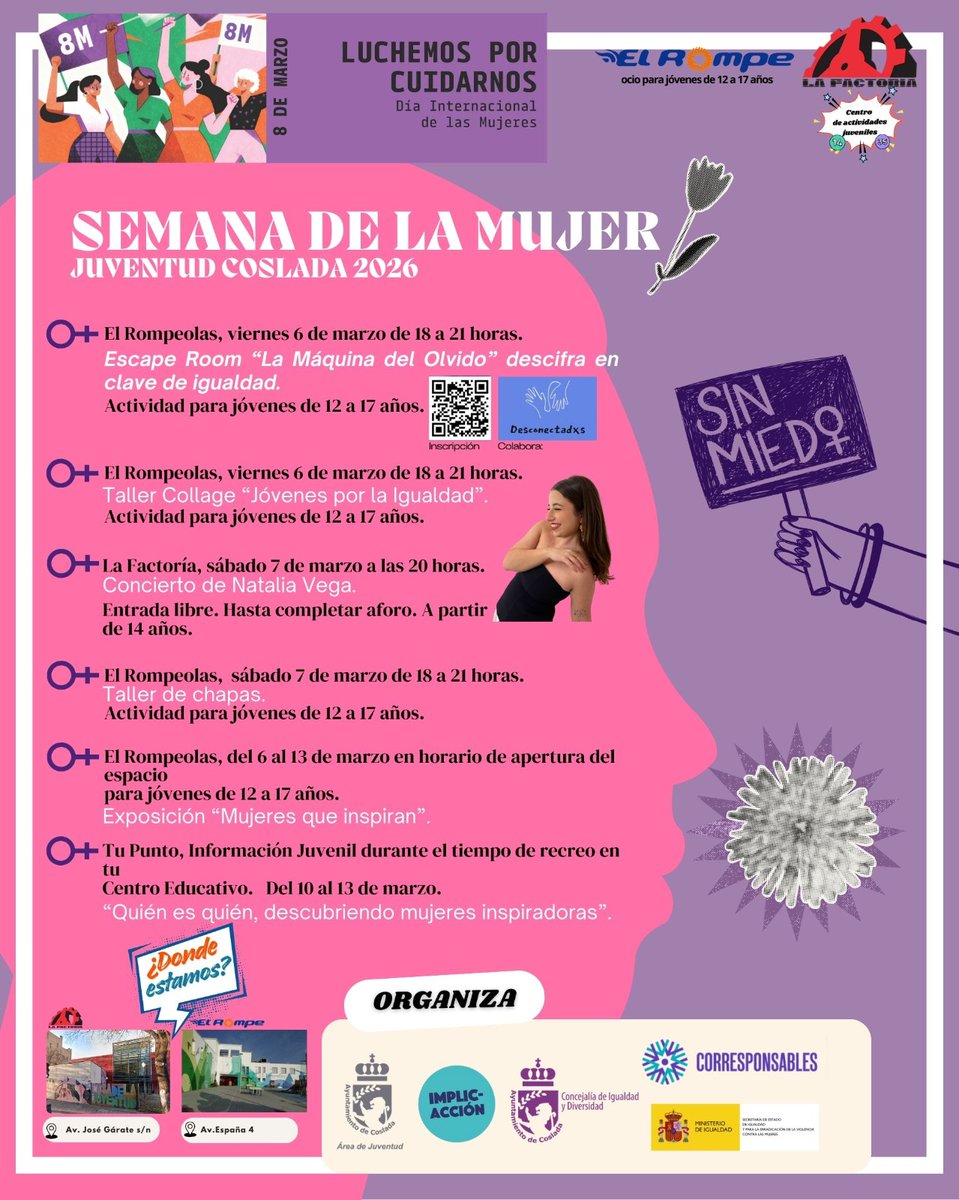📣📣 Te presentamos las actividades organizadas por el Área de #Juventud con motivo de la 🚺 #SemanaDeLaMujer 2026, en colaboración con <a href="/CosladaIgualdad/">Concejalía de Igualdad y Diversidad</a>  de #Coslada
⚠️ ¡¡Te esperamos!!

ℹ️ Más información ➡️ acortar.link/nNPblx

#8M #Coslada