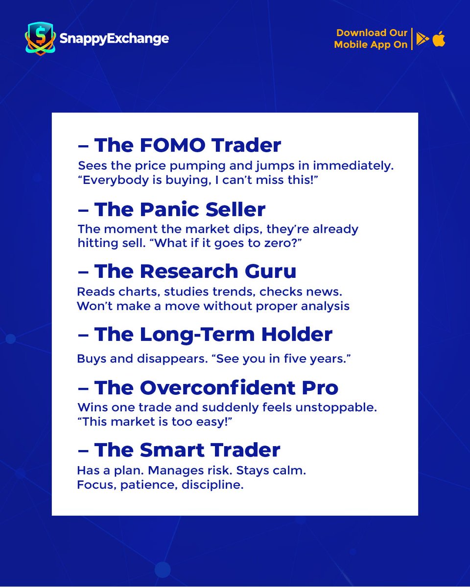 SnappyExchange's tweet photo. "Every trader has a style π
Some move with hype. Some move with strategy.
Swipe left and tell usβ¦ what kind of trader are you? ππ
#SnappyExchange #CryptoCommunity #TradeSmart #CryptoNigeria #TradingLife #DigitalAssets Tottenham| Celine Dion| GM CT| TI Blaze| NYSC https://t.co/pyDZrvUPQy