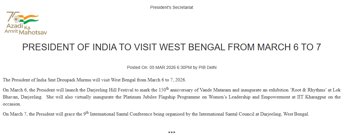 airnewsalerts's tweet image. President Droupadi Murmu will visit Darjeeling, West Bengal, tomorrow, March 7.

#Darjeeling #WestBengal