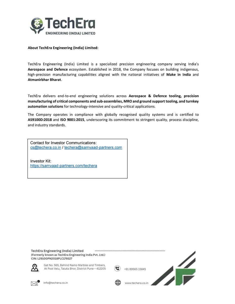 nileshkurhade's tweet photo. 📌 TechEra Engineering (India) Limited informed the exchange about receiving a commercial order worth ₹ 6,77,73,200/- from a private entity for the design and manufacturing of automation equipment. The order is to be executed within 90 days. #SME #TECHERA ⚙️📦 https://t.co/VOzX80ZTzs