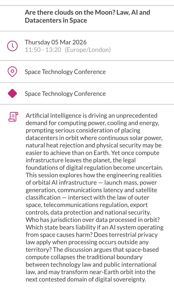 TheABB's tweet image. Super space-tech-law talk from DLA Piper Gareth Stokes @SpaceCommExpo yesterday — applied #GDPR #AI and regulation — to infinity, and beyond?

Does [space] law follow the data or the machine? Does EU extra-territoriality apply? How about sovereignty, AI harms, or data centres?