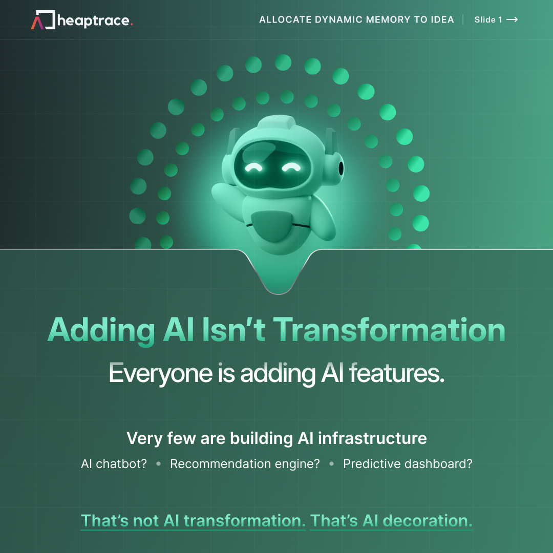 heaptrace's tweet photo. Adding AI features ≠ AI transformation.

The companies winning in 2026 are redesigning their systems, architecture, and infrastructure around AI.

Learn what real AI infrastructure looks like.

Read the blog:
 https://t.co/wQ8ejV2GSH

#AI #ArtificialIntelligence #TechLeadership https://t.co/OUfBF1LNBj