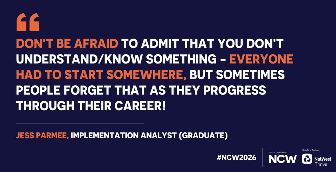WolvesatWork's tweet image. 🚀Future‑Focused Friday

“Don’t be afraid to admit you don’t know something -everyone had to start somewhere.”

Find local careers events &amp;amp; 1‑to‑1 support on Workbox: wolvesworkbox.com

#SkillsJobsCareers #NCW2026 #WolvesAtWork @CareersWeek
