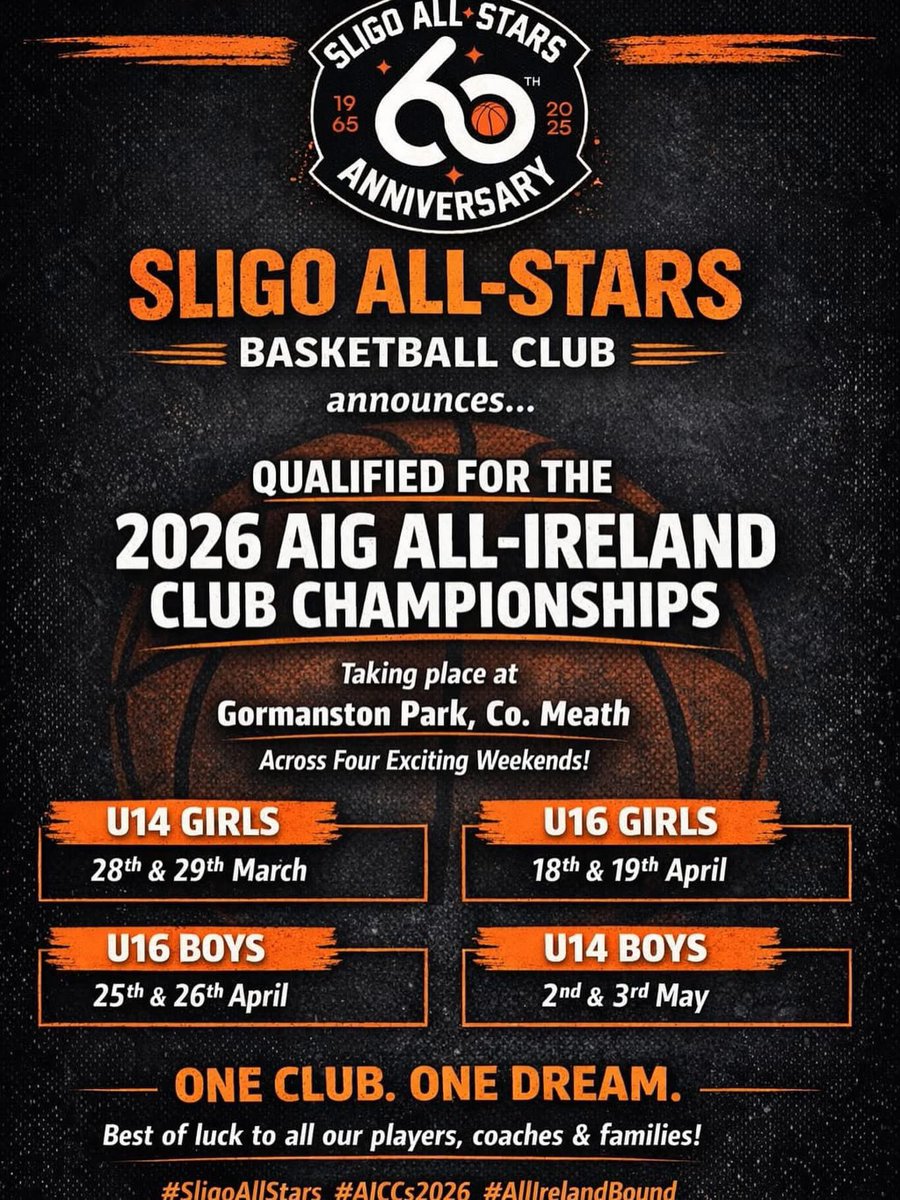 SligoAllStars's tweet photo. We are proud to announce our U14 & U16 (Girls and Boys) have qualified for The 2026 AIG All-Ireland Club Championships.
This is an incredible achievement for our club and a reflection of the hard work & dedication of our amazing All-Stars family.
#letsgoallstars https://t.co/VloA692Oe6