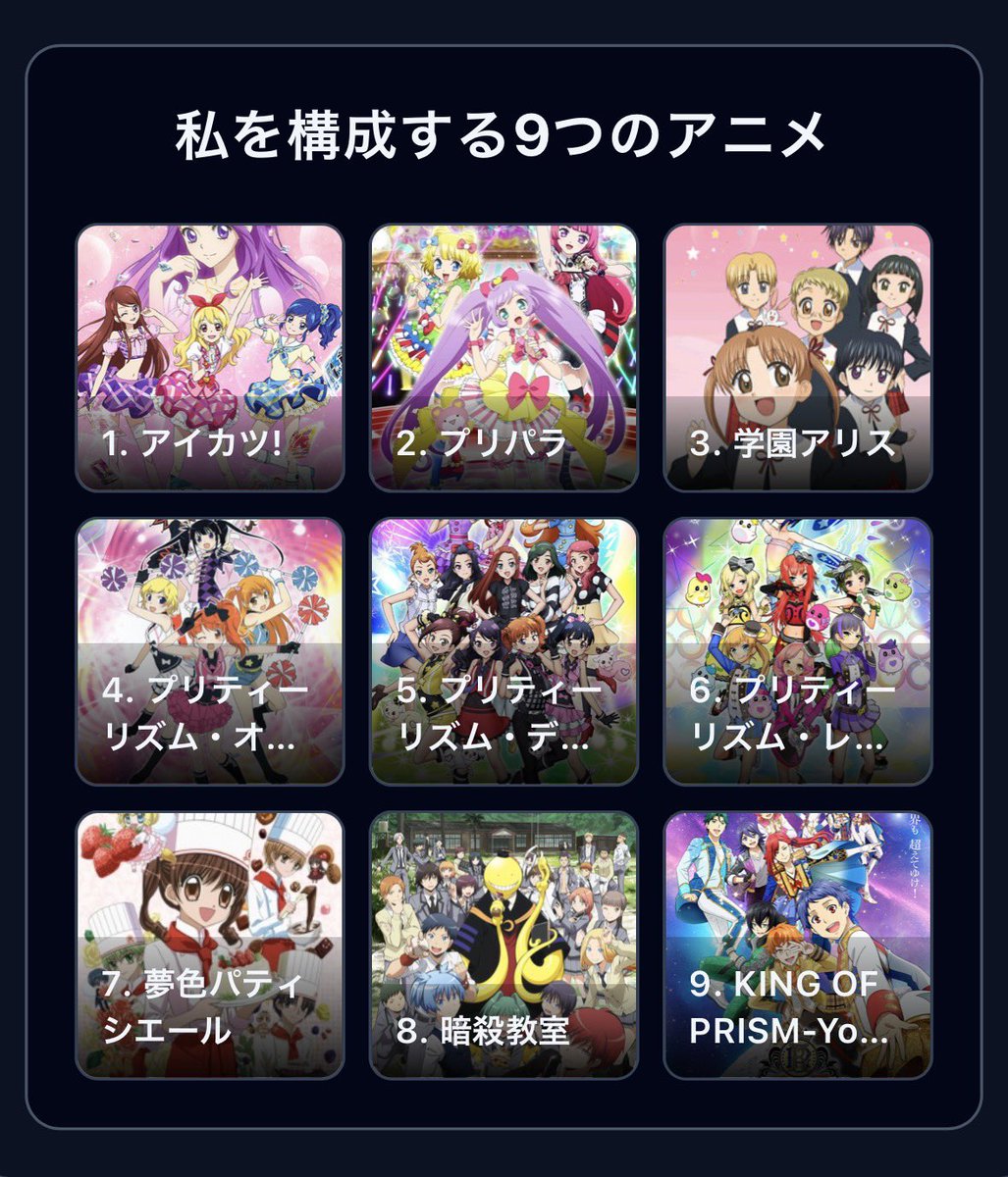 #私を構成する9つのアニメ

1. アイカツ!
2. プリパラ
3. 学園アリス
4. プリティーリズム･オーロラドリーム
5. プリティーリズム･ディアマイフューチャー
6. プリティーリズム･レインボーライブ
7. 夢色パティシエール
8. 暗殺教室
9. KING OF PRISM-Your Endless Call