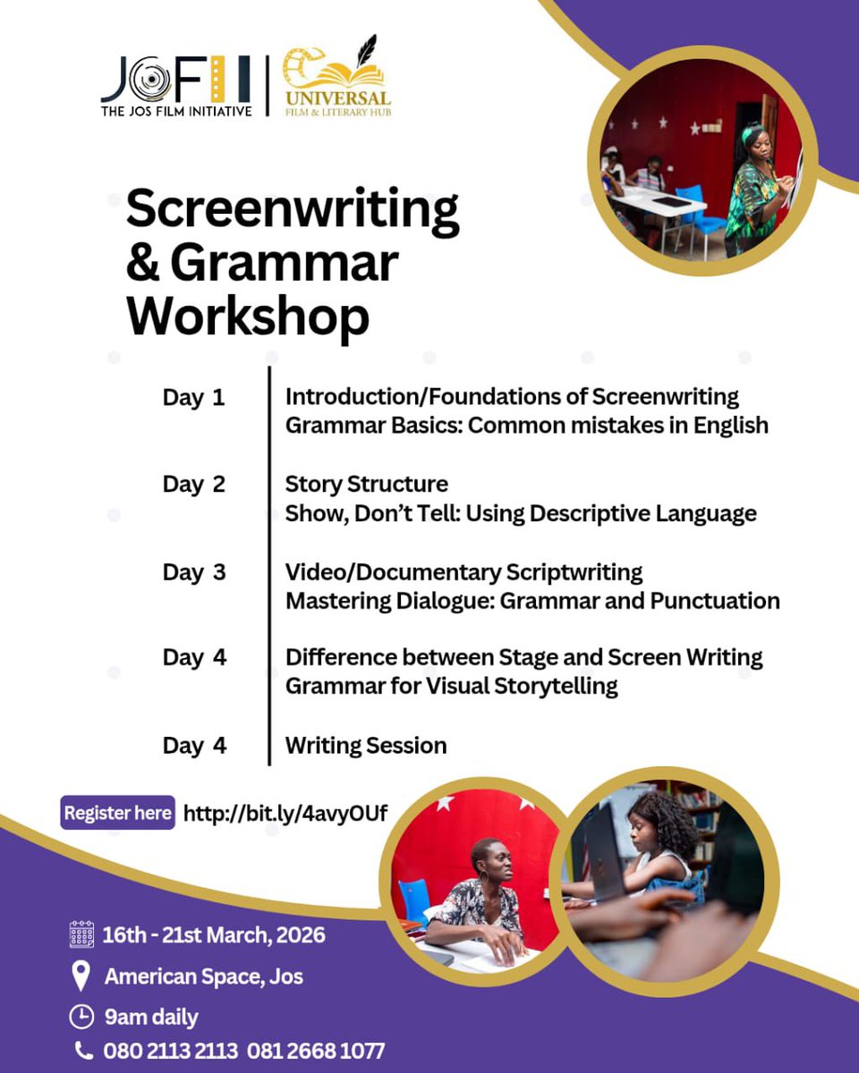 SCREENGRAMM 2026 
16th - 21st MARCH 2026
@THE AMERICAN SPACE-JOS
Registration Link: forms.gle/1pYKsW6naMGniC…