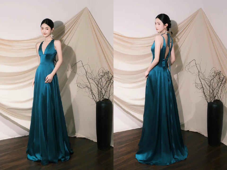 Elegant V Neck Satin Long Prom Dress, Blue A Line Evening Party Dress