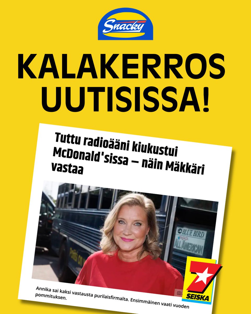 SnackyFIN's tweet photo. Annika Metsäketo kaipailee kalapurilaista 🐟🍔  Snacky tulee apuun! 
Lue juttu Seiskan sivuilta ja Snackyn omilta sivuilta 👀

#Snacky #Snackyfin #Kalakerros #Kake https://t.co/VwMFdvIFoq