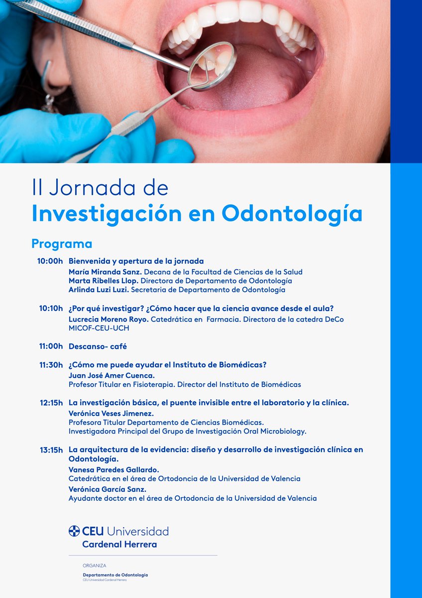 CienciaUCHCEU's tweet photo. Hoy en @uchceu, II Jornada de #Investigación del Departamento de #Odontología 

Hablamos de ciencia:
🎯básica y clínica
🧑‍🔬desde el aula
🏫con el apoyo del Instituto de Ciencias Biomédicas
🔬y con Vanesa Paredes y Verónica Gracía de @UV_EG como invitadas 

https://t.co/lSsDiKwvj6 https://t.co/XaWaQa0w74