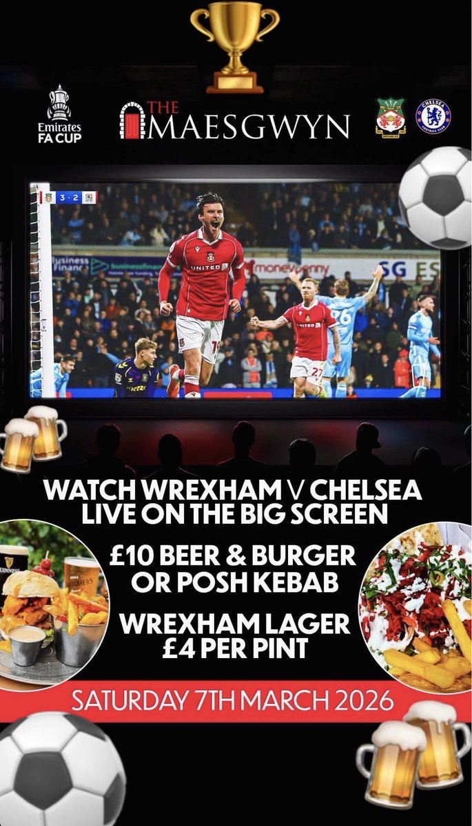 Didn’t get tickets for the Chelsea game on Saturday?
Come and watch at <a href="/MGWrecsam/">Maesgwyn Hall Wxm</a> on the big screen. 
#CFC #wxmafc #facup