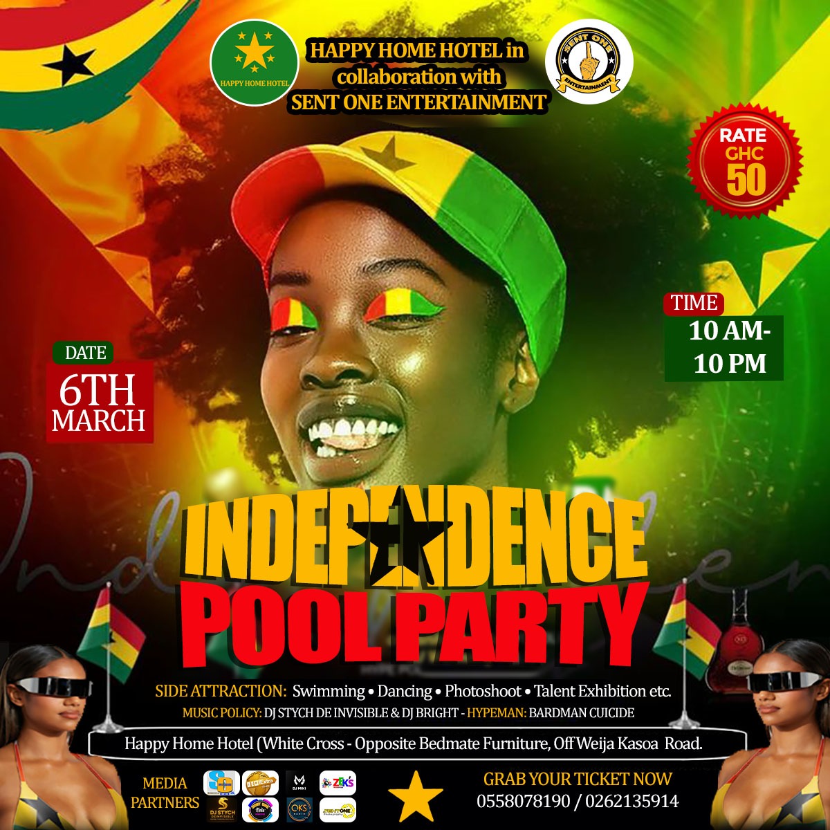 It's TODAY!!!!! Pull up with your squad, rock your Independence colors, and let’s turn the poolside into a full celebration! 🇬🇭🎉 Starts at 10 AM📡 #SentOneEntertainment #IPP #WeijaEvents #happyhomehotel