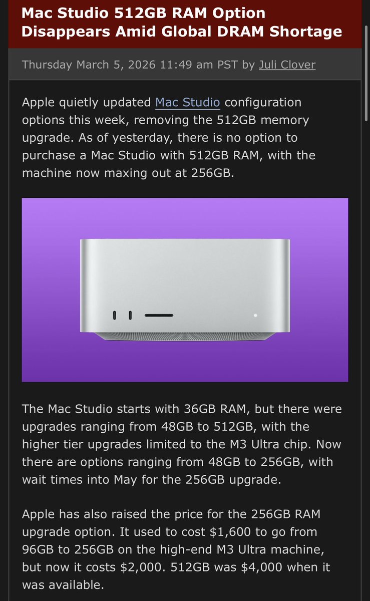 🚨 重磅消息！AI内存危机来袭：Apple Mac Studio 512GB大内存配置正式下架！ 中文AI爱好者们还有苹果用户们注意了！🍎 ...