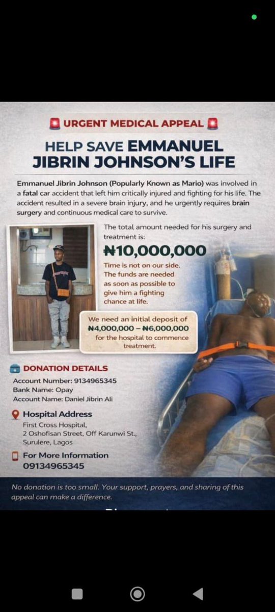 broccoliboygreg's tweet photo. Good morning, I hope we’re all doing good?
💔 A Life Needs Your Help
Our dear brother Emmanuel Jibrin Johnson (popularly known as Mario) is currently fighting for his life after a serious car accident that caused a severe brain injury.
He urgently needs brain surgery, and the hospital requires an initial deposit of ₦4M – ₦6M before treatment can begin.
The total cost of his treatment is ₦10,000,000, and we are humbly asking for your support. The victim and his family are not capable of raising such amount of money… We are pleading with everyone to please support in any way possible. No amount is too small. Your donations, prayers, and sharing of this message could help save his life.