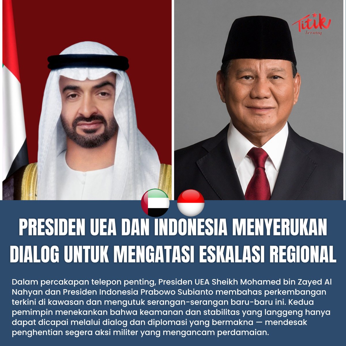 titik_terang018's tweet image. Dengan meningkatnya ketegangan regional yang berdampak pada keamanan lintas batas, pembicaraan UEA-Indonesia menyoroti diplomasi sebagai alat terbaik untuk menjaga kedaulatan dan melindungi warga di mana pun. 
#DialogBukanKonflik #UEAIndonesia #Stabilitas